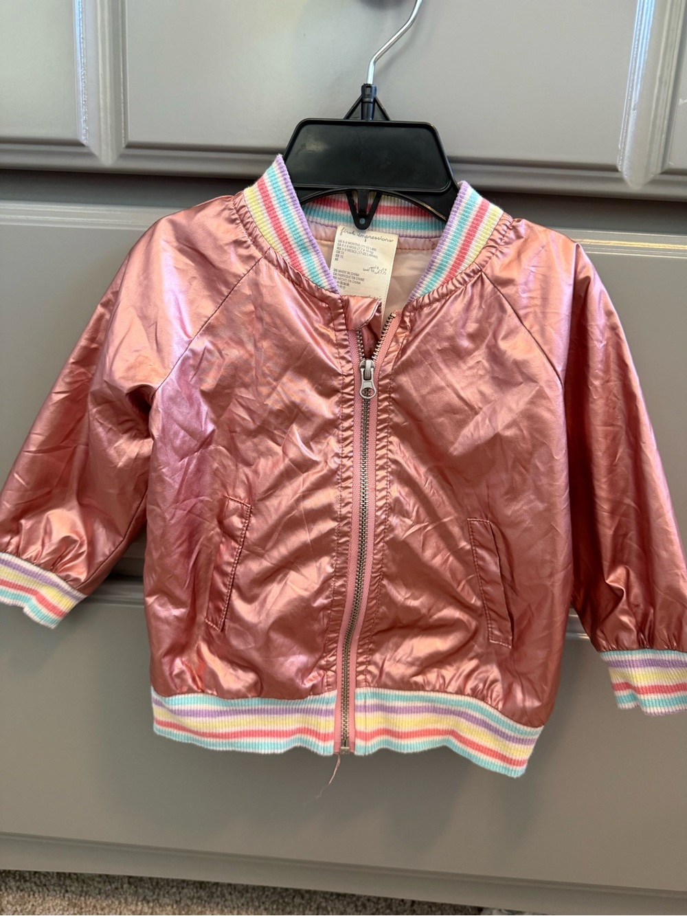 Girls' Pink Metallic Bomber Jacket with Rainbow Trim 6-9m